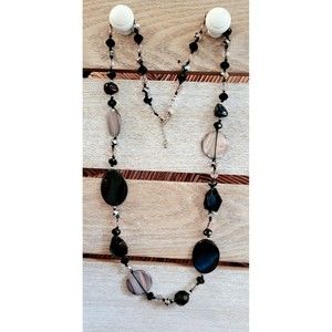 Beautiful Substantial Necklace Black Stones, Grays and Beige Shell, 36" long NWT